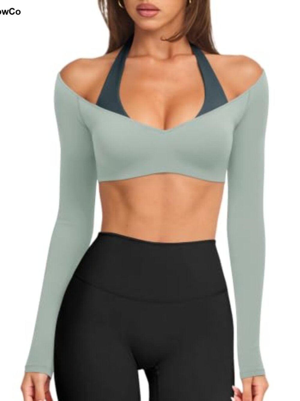 Womens Halter Crop Top Long Sleeve Workout Top Built in Bra